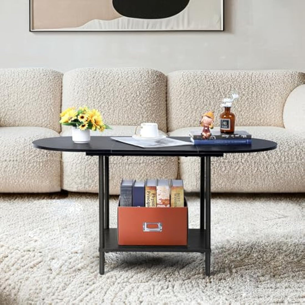 Oval Coffee Table – 2-Tier Modern Black Wood Center Table