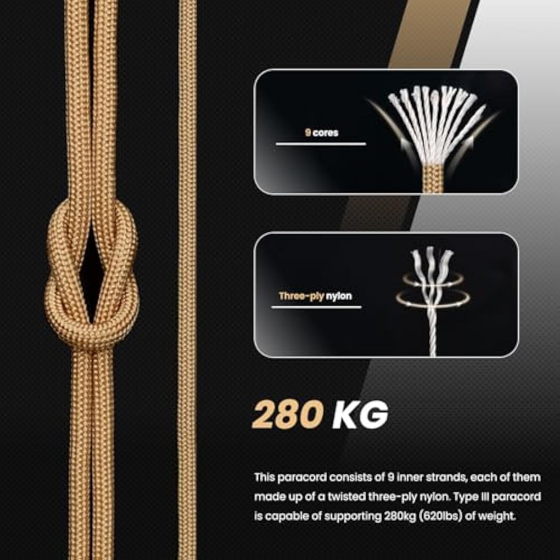 Abma Cord 4mm Type III Nylon Paracord – 9 Strands, 100m, Tan