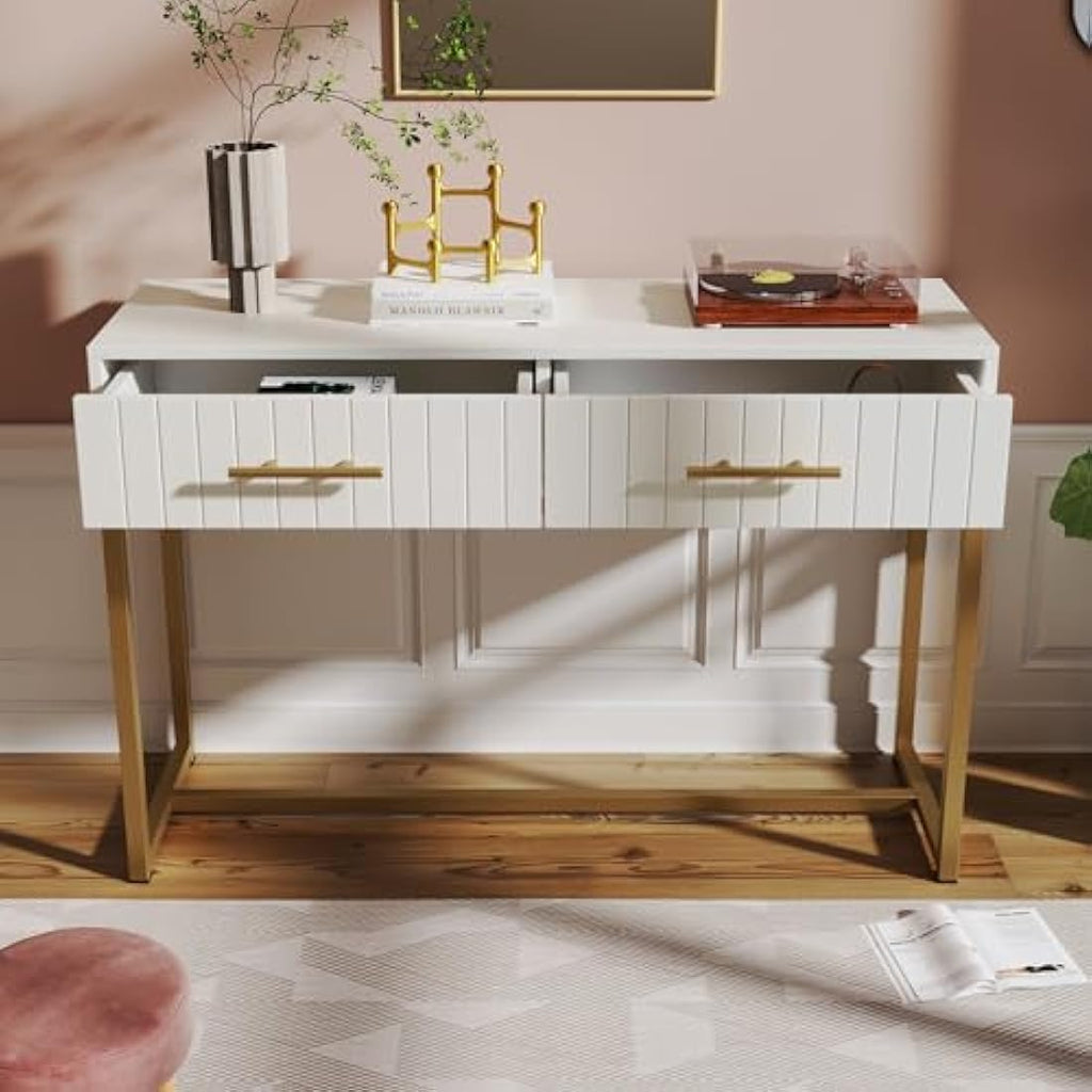 Merax Modern White Wooden Dressing Table with Ribbed Drawers
