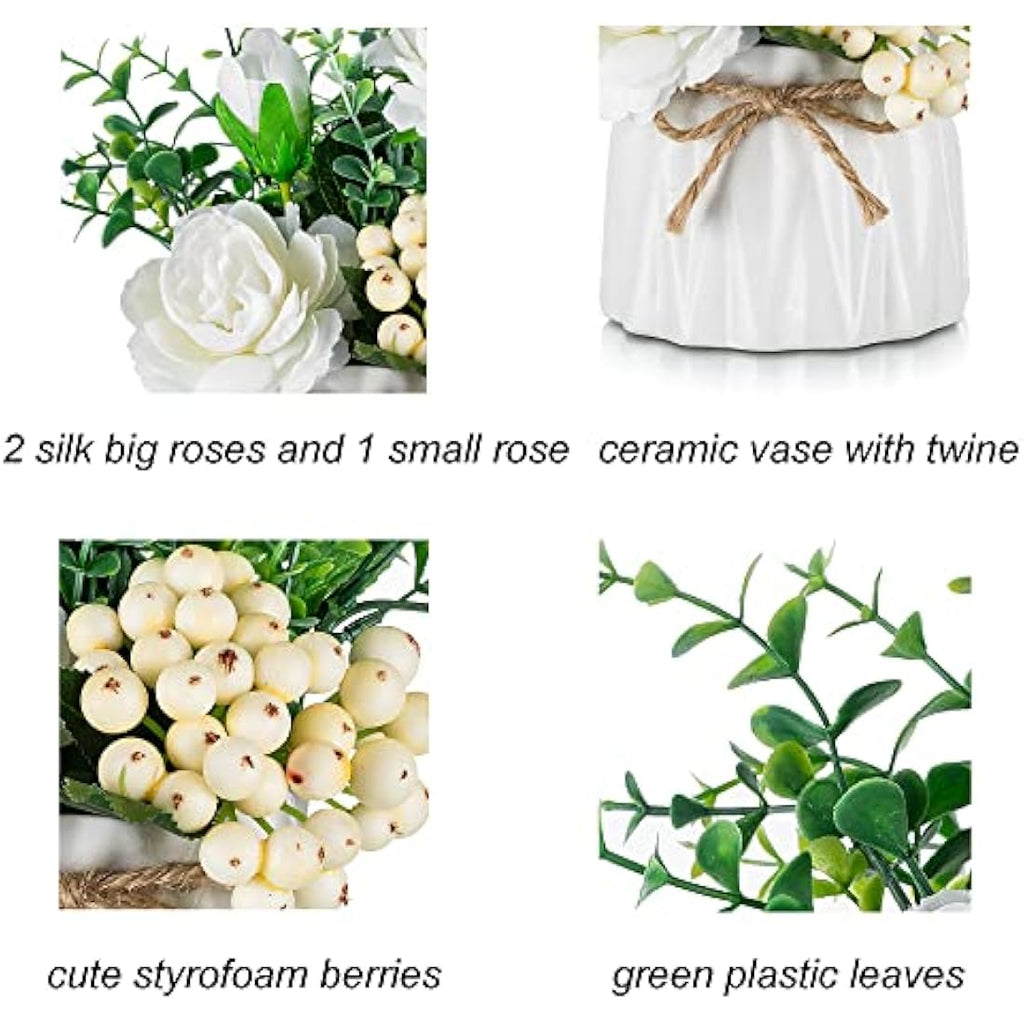 Blosmon Artificial Pink Silk Roses in Ceramic Vases - 2 Piece Table Decor
