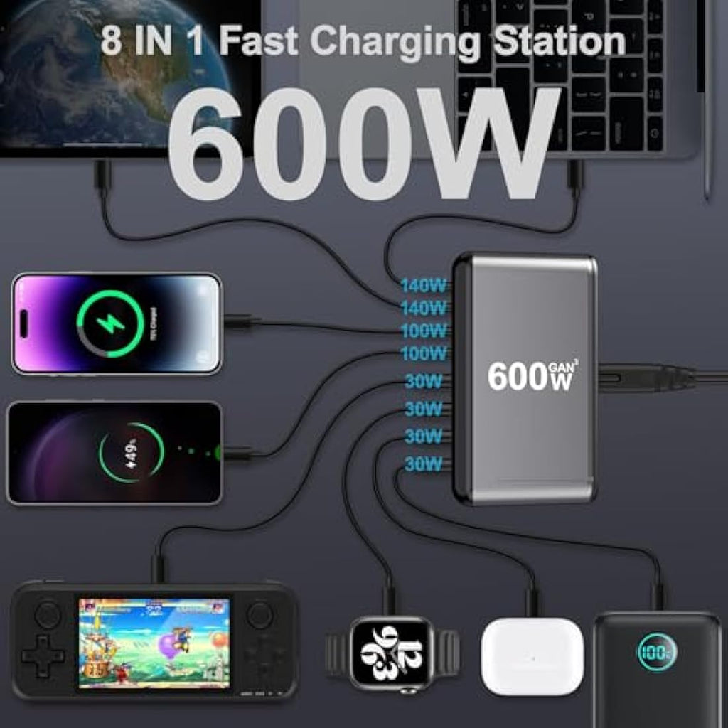 Jolof Store 600W 8-Port GaN3 USB C Fast Charging Station for Laptops