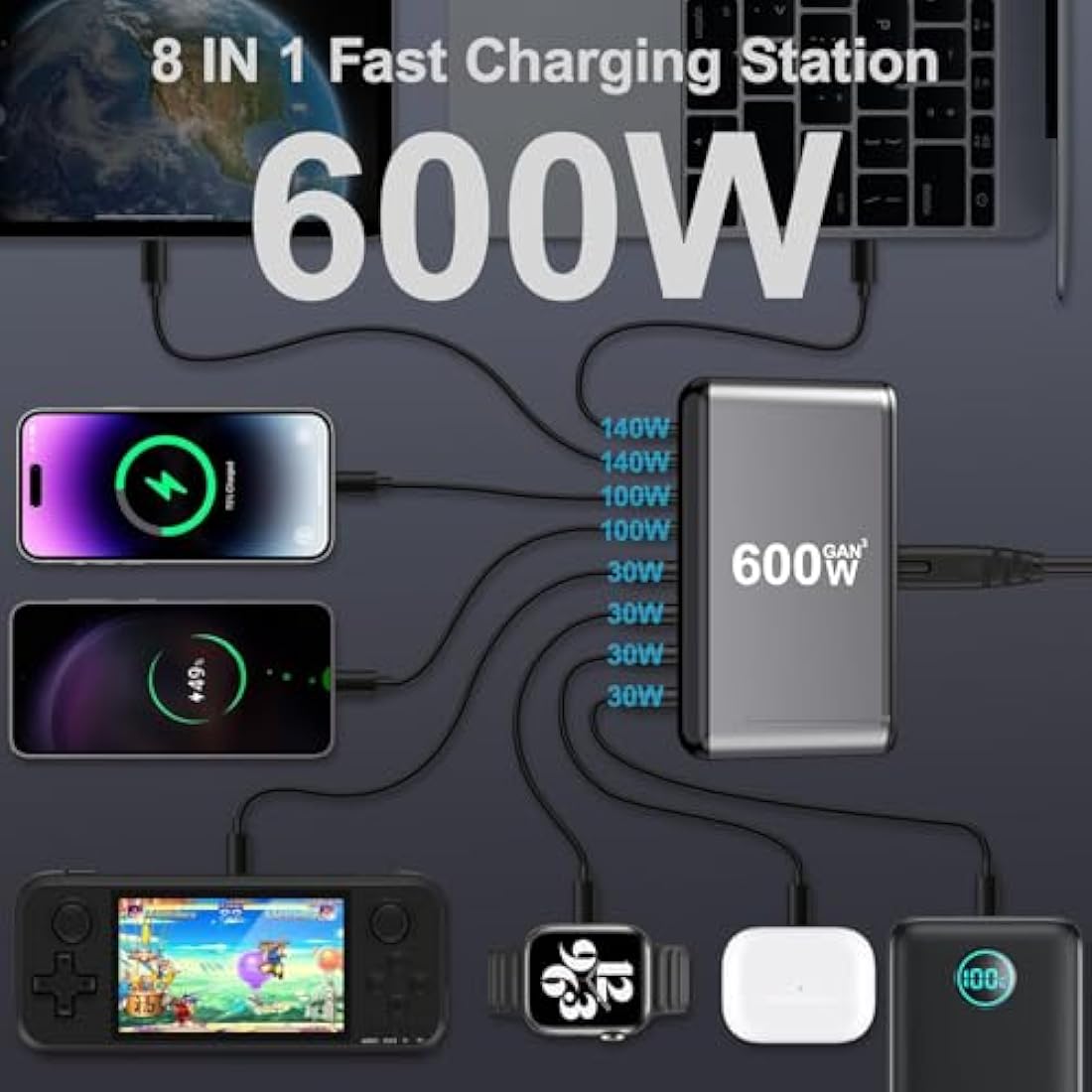 Jolof Store 600W 8-Port GaN3 USB C Fast Charging Station for Laptops