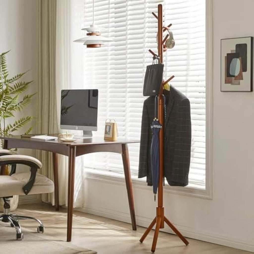 Aibiju Wood Coat Rack Free Standing | 8 Hooks Adjustable Height Tree