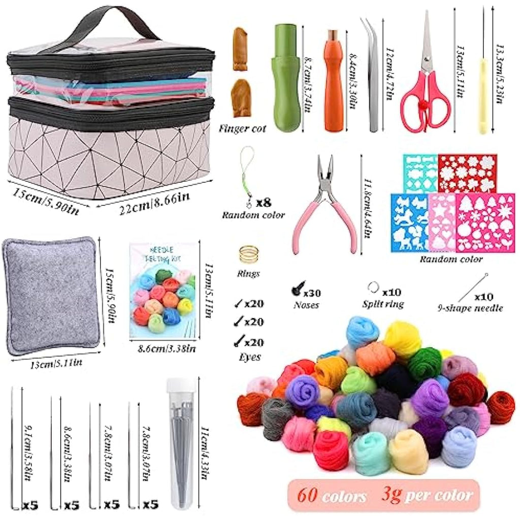 Axmru 60 Colors Needle Felting Kit – 215 Pcs Wool Roving Starter Set