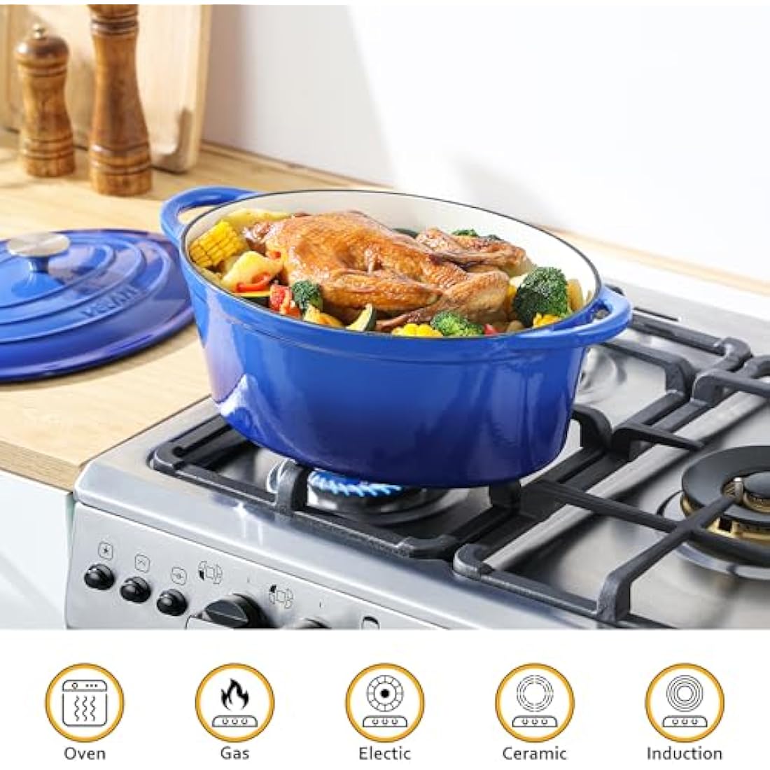 Velaze Enameled Cast Iron Dutch Oven – 7.5L Oval Casserole Dish, Blue