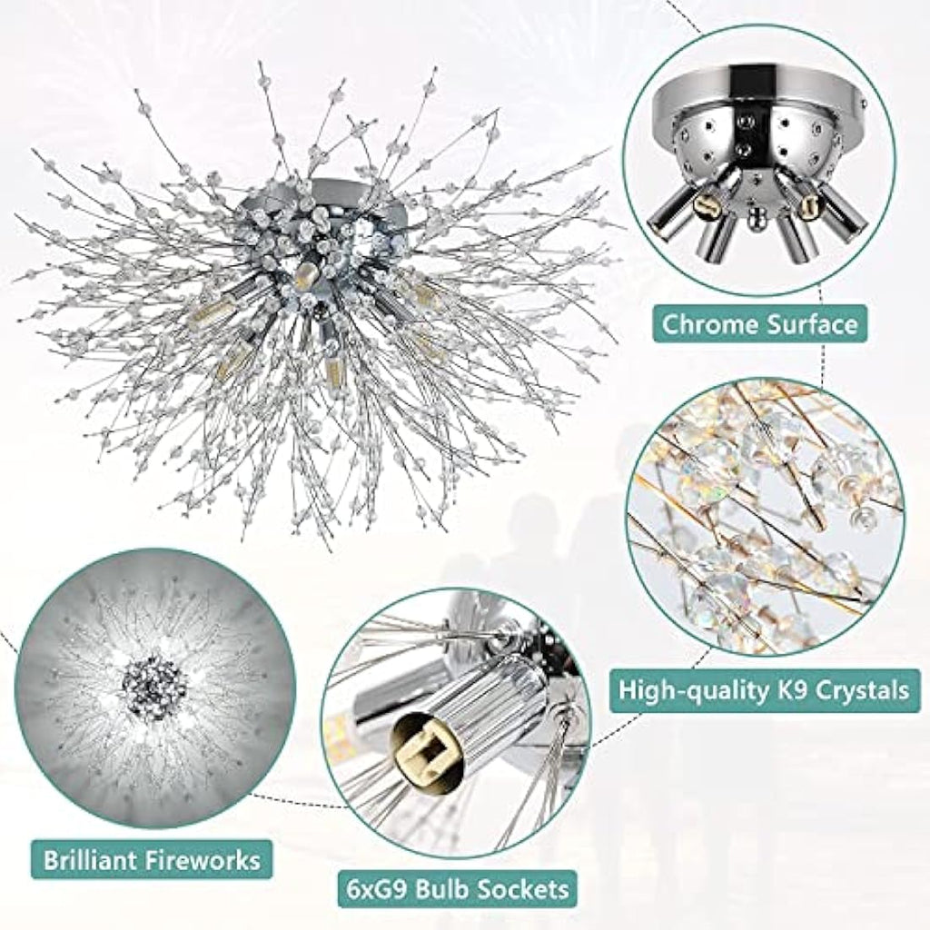 Rayofly Modern Fireworks Crystal Ceiling Light | 6-Light Chrome Chandelier