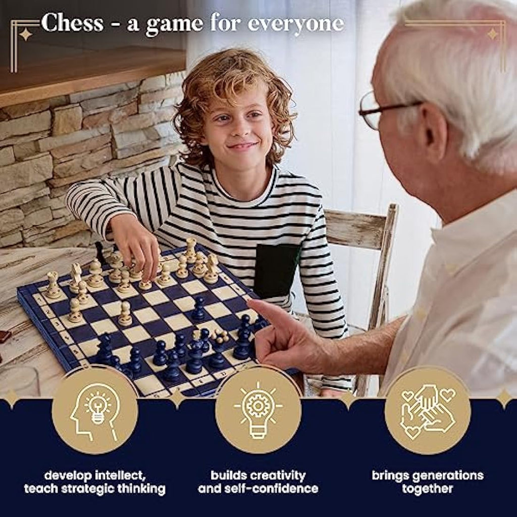 Handmade Wooden Chess Set – 13.8in Blue Portable Travel Board