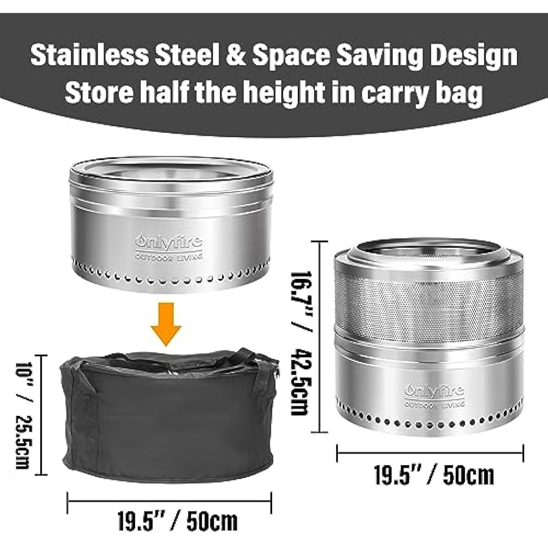 Onlyfire 50cm Smokeless Fire Pit | Stainless Steel Outdoor Bonfire Stove