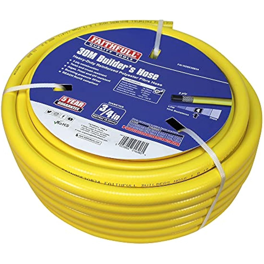 Faithfull Heavy-Duty Reinforced PVC Builders Hose - 30m x 19mm Yellow