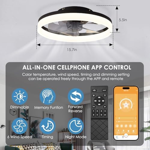 MOSSCO Modern Flush Mount Ceiling Fan with Light - 40cm Black LED