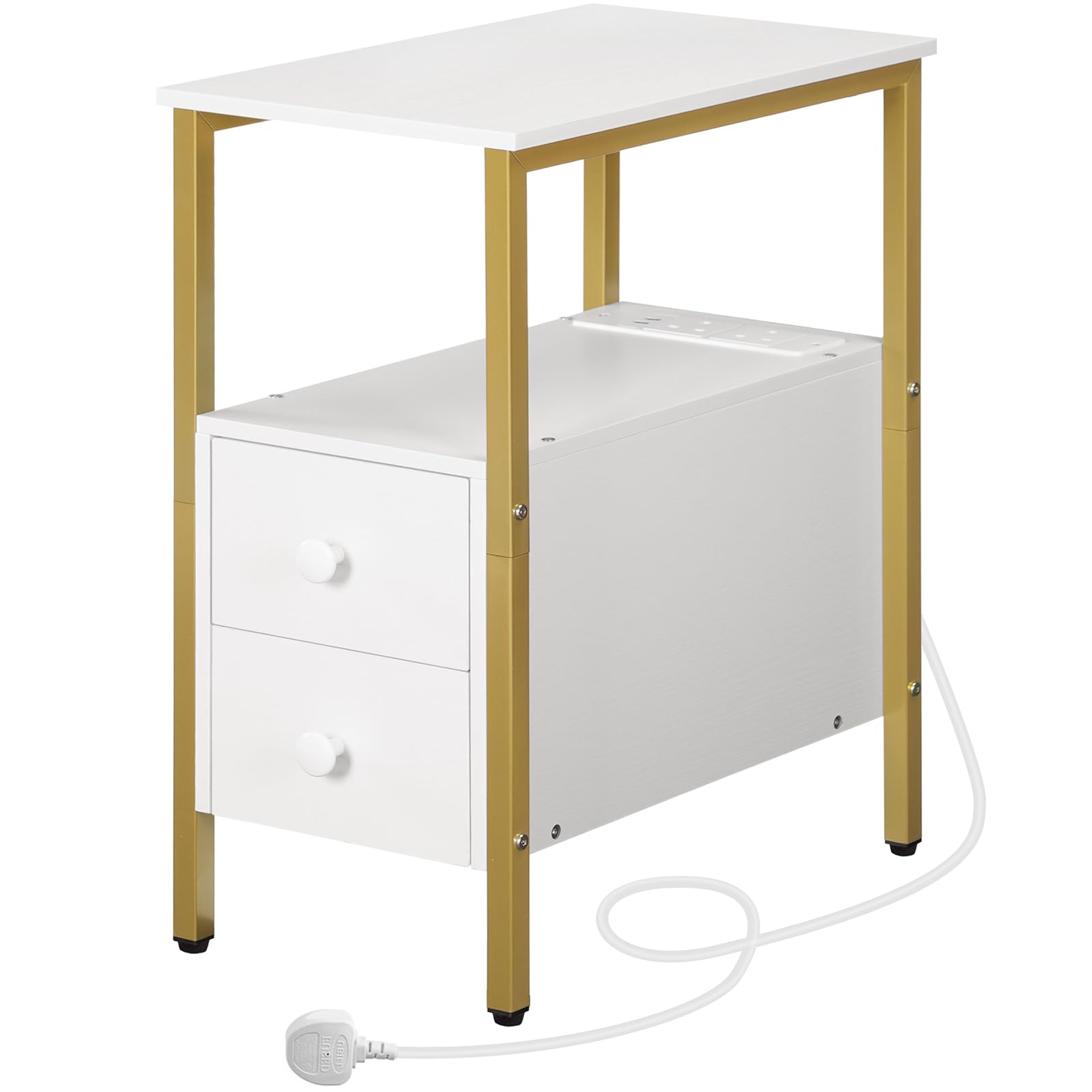 HOOBRO Narrow Side Table with Charging Station, 2 Drawers, Industrial