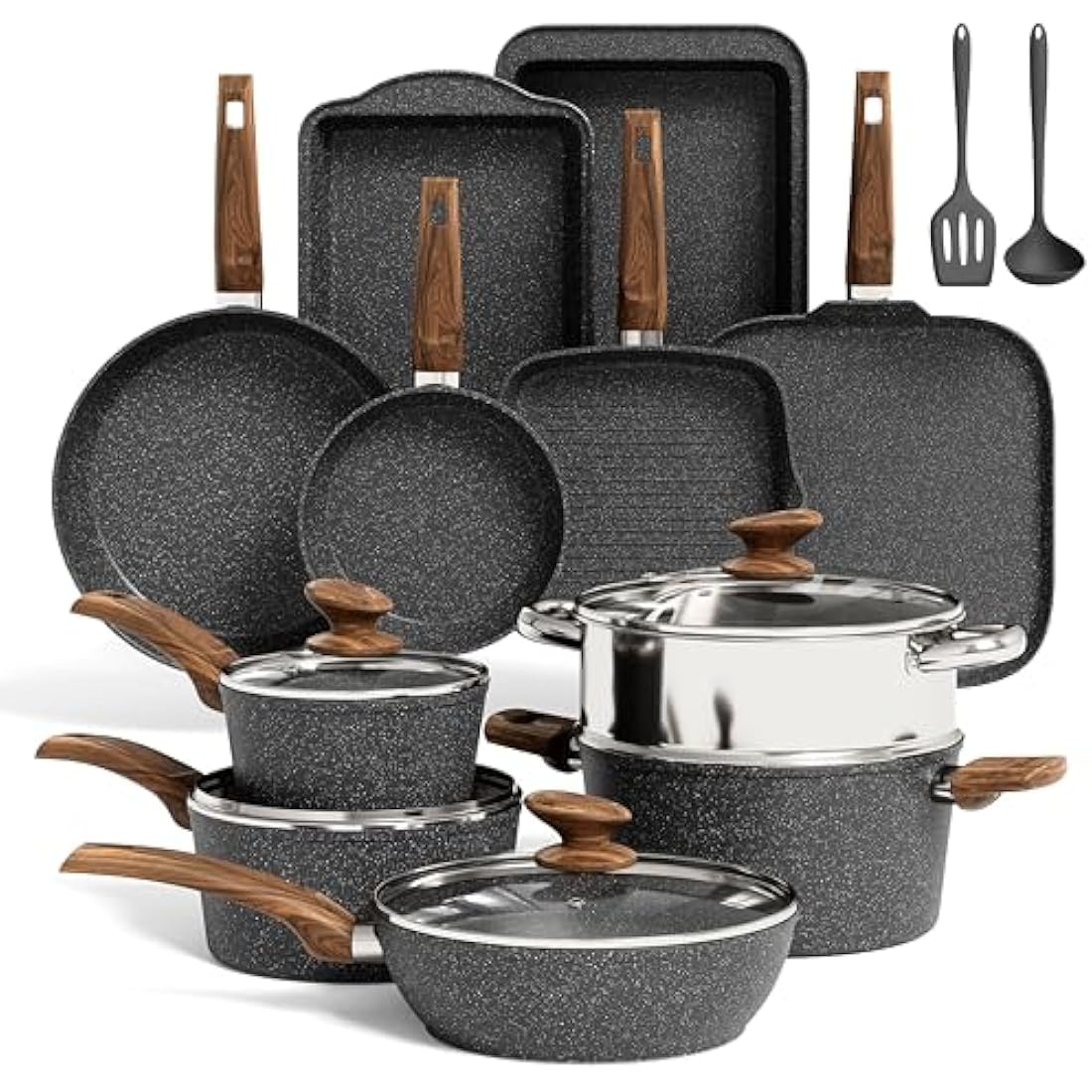 Kitchen Academy 17-Piece Nonstick Induction Cookware Set – Black Granite