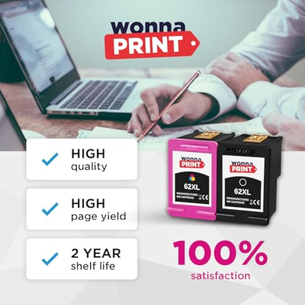 WonnaPrint 62XL Ink Cartridges for HP Envy 5540 5640 & OfficeJet 5740 | 2 Pack