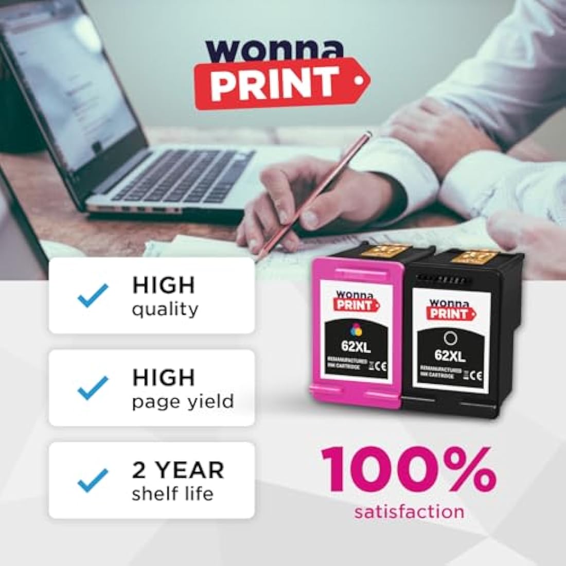 WonnaPrint 62XL Ink Cartridges for HP Envy 5540 5640 & OfficeJet 5740 | 2 Pack