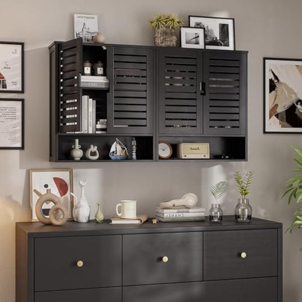 SMIBUY Bamboo Wall Mounted Bathroom Cabinet | 2-Door Storage Organizer - Black