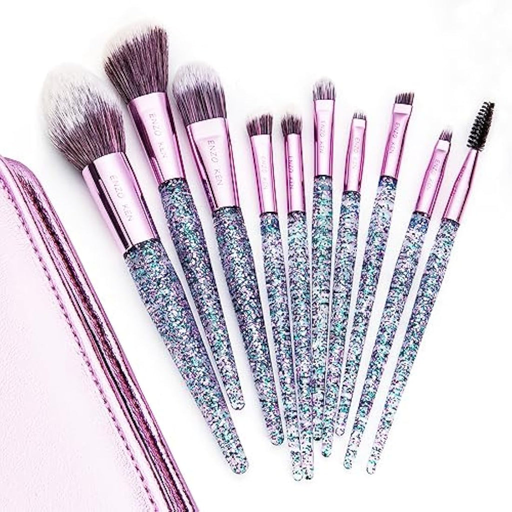ENZO KEN Professional Vegan Makeup Brushes Set with Case – Purple Glitter