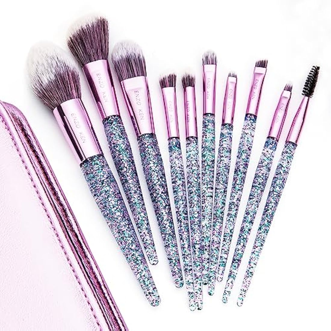 ENZO KEN Professional Vegan Makeup Brushes Set with Case – Purple Glitter
