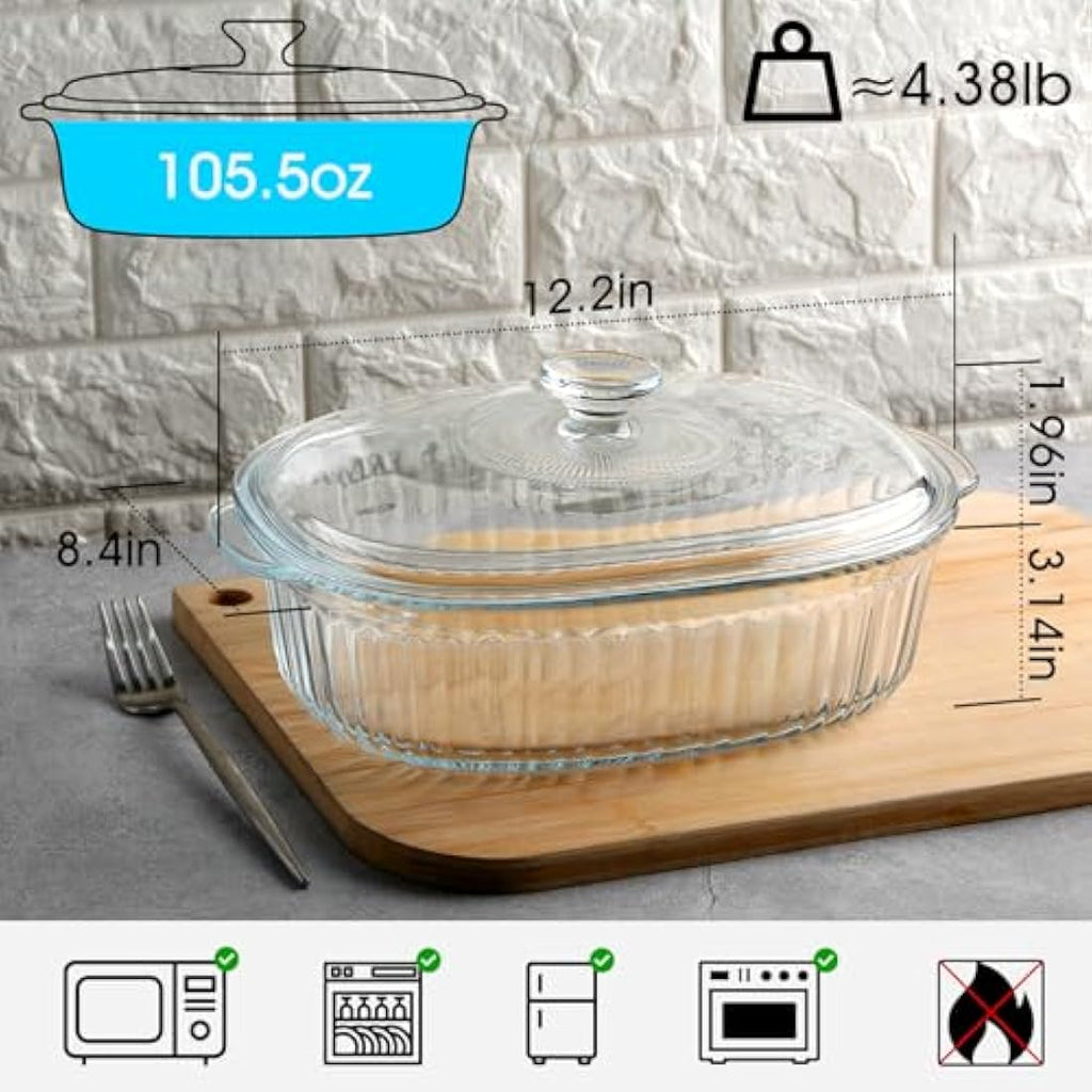 NUTRIUPS 3L Oval Glass Casserole Dish with Lid | Borosilicate Bakeware