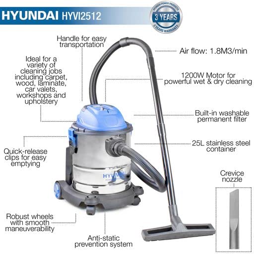 Hyundai 1200W Wet and Dry Vacuum Cleaner | 25L Stainless Steel Tank