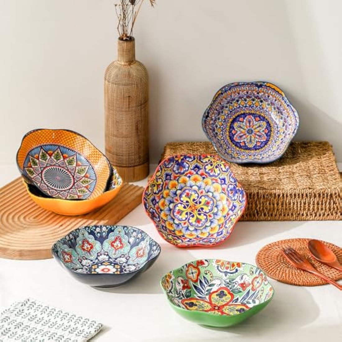 HENXFEN LEAD Bohemian Porcelain Flower Salad Bowls - 20oz, Set of 6
