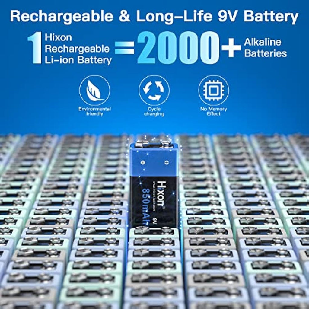 Hixon 9V Rechargeable Lithium-ion Batteries 850mAh with 4-Slot Charger
