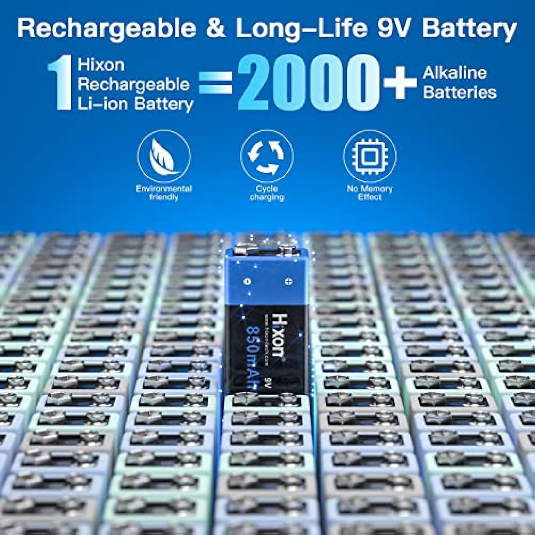 Hixon 9V Rechargeable Lithium-ion Batteries 850mAh with 4-Slot Charger