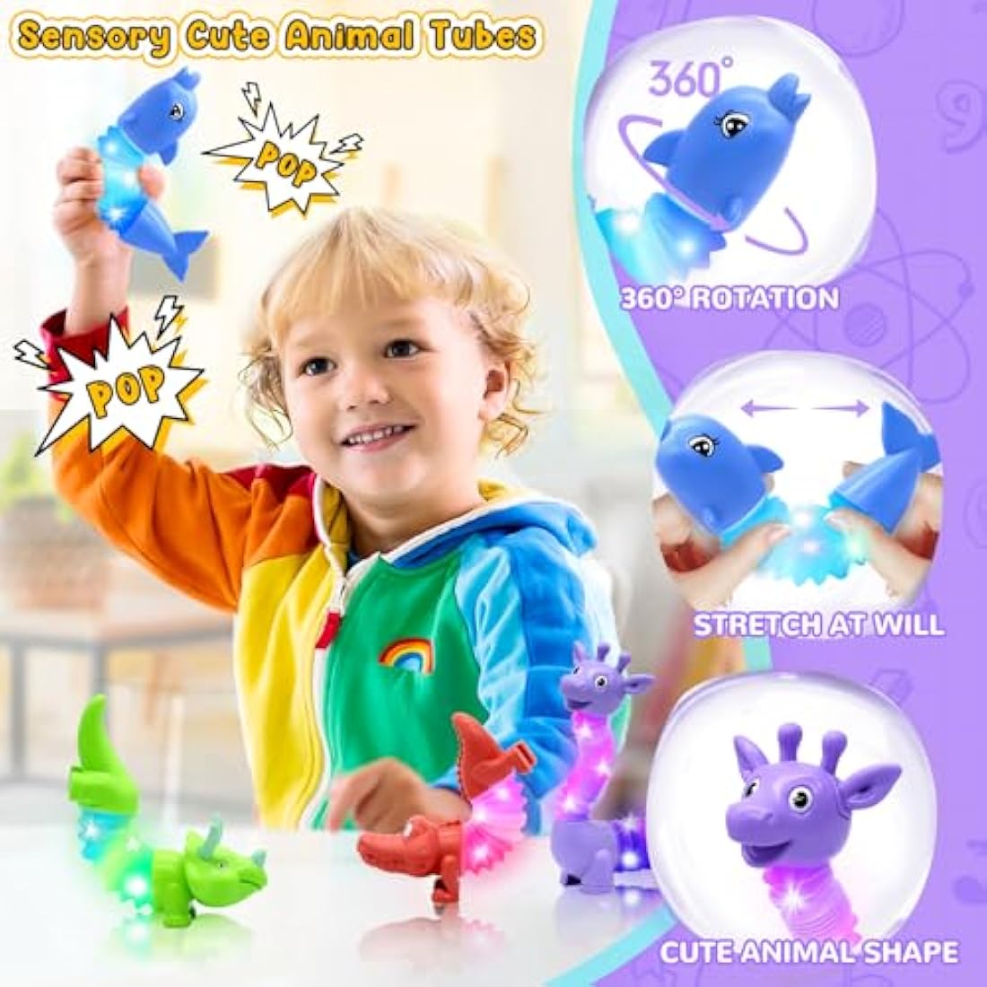 DELEE LED Animal Pop Tubes – 4-Pack Sensory Fidget Toys for Kids