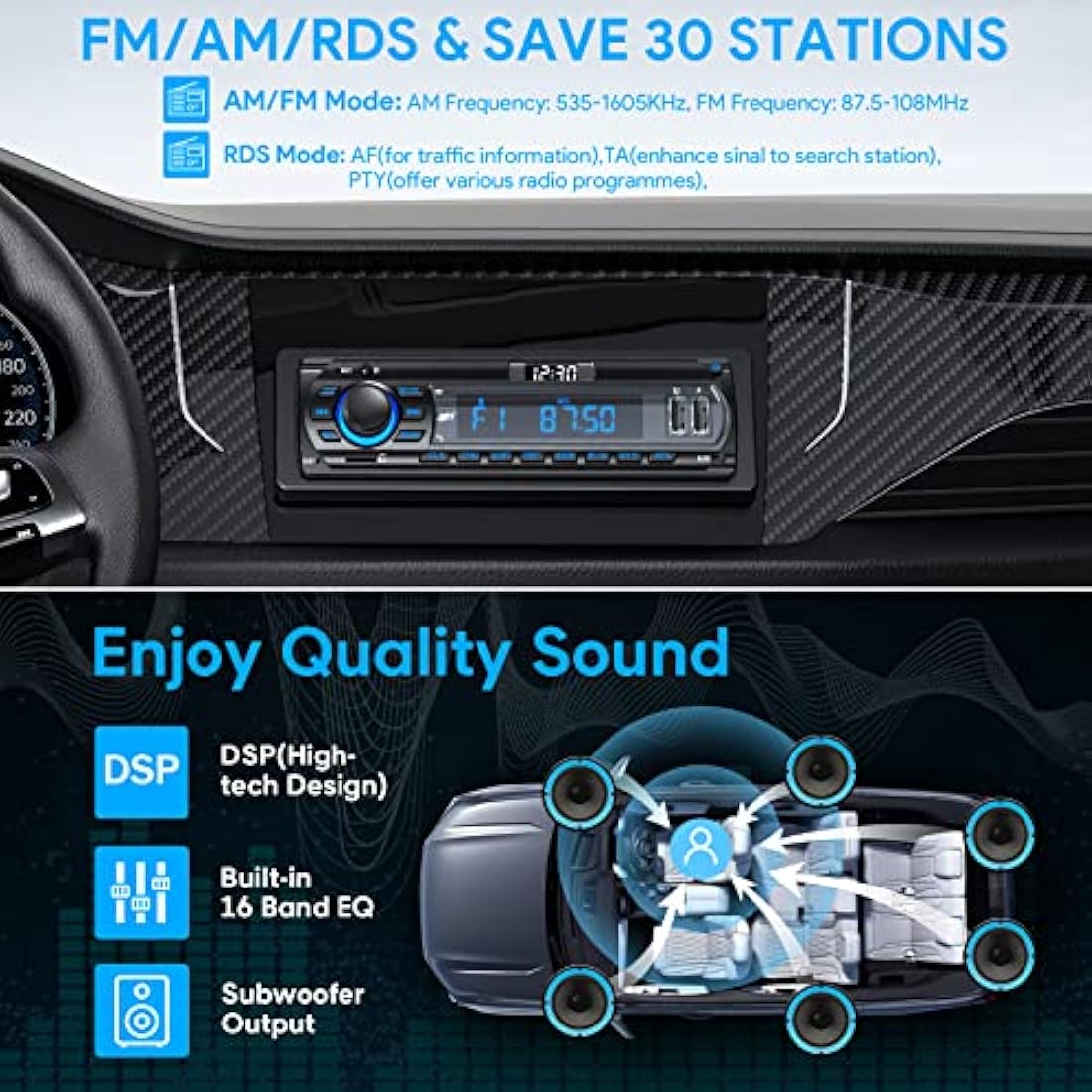 Wistrue 1 DIN Car Radio Bluetooth Stereo – 9-24V AM/FM RDS MP3 Player