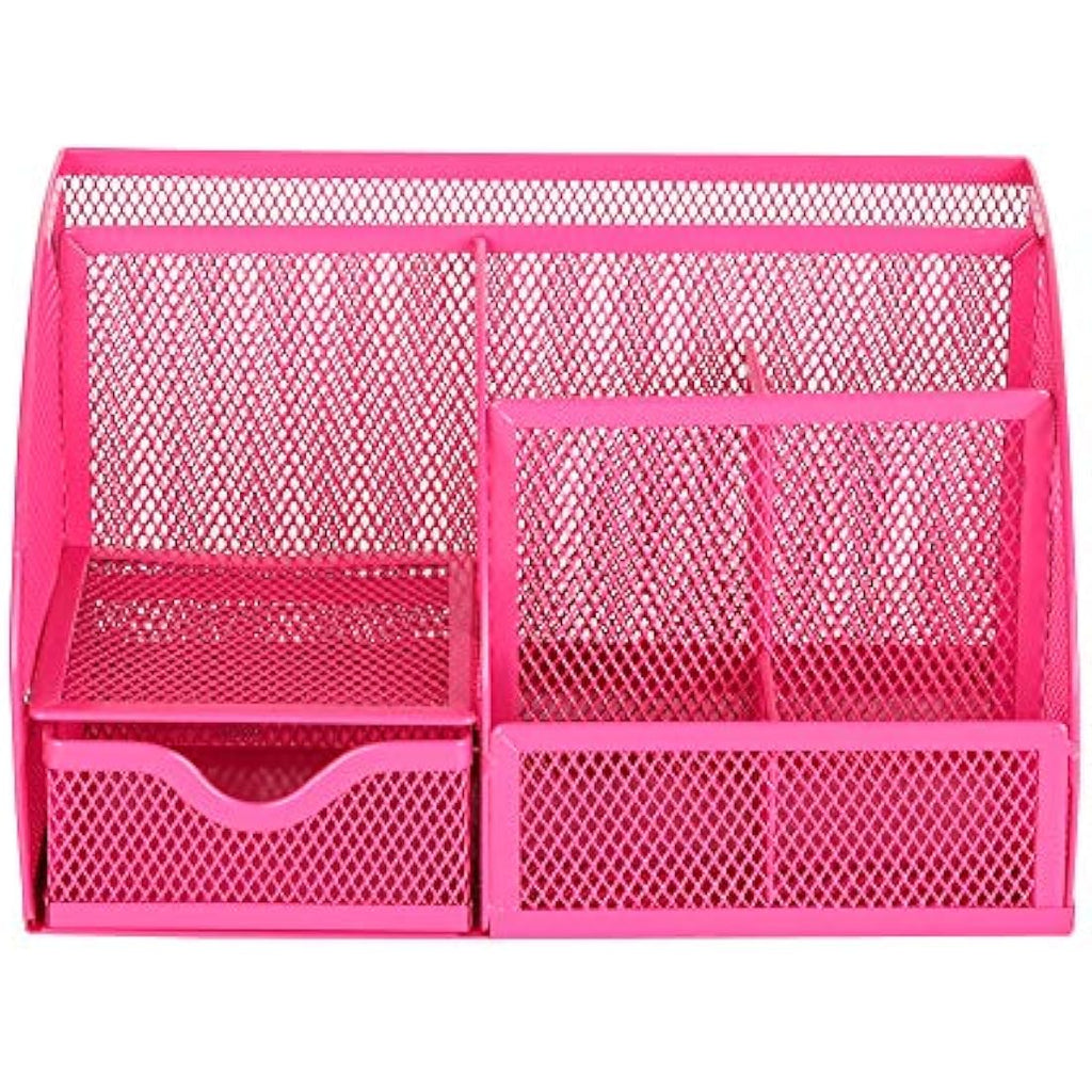 Exerz Mesh Desk Organiser – 7 Compartment Metal Office Caddy, Pink