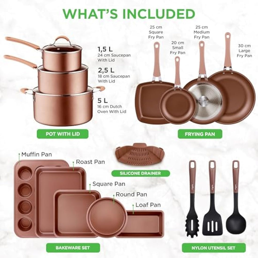 NutriChef 20-Piece Non-Stick Cookware and Bakeware Set - Gold Induction