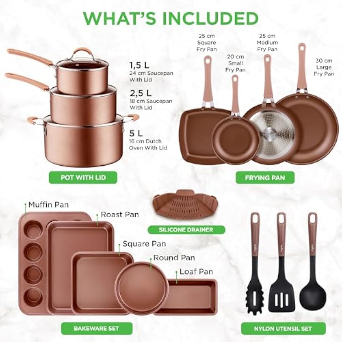 NutriChef 20-Piece Non-Stick Cookware and Bakeware Set - Gold Induction