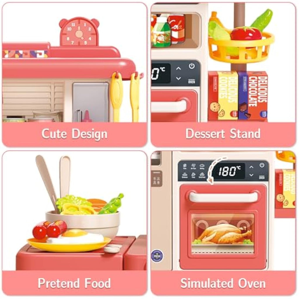 deAO Kids Kitchen Playset with Lights, Steam & Accessories - Pink