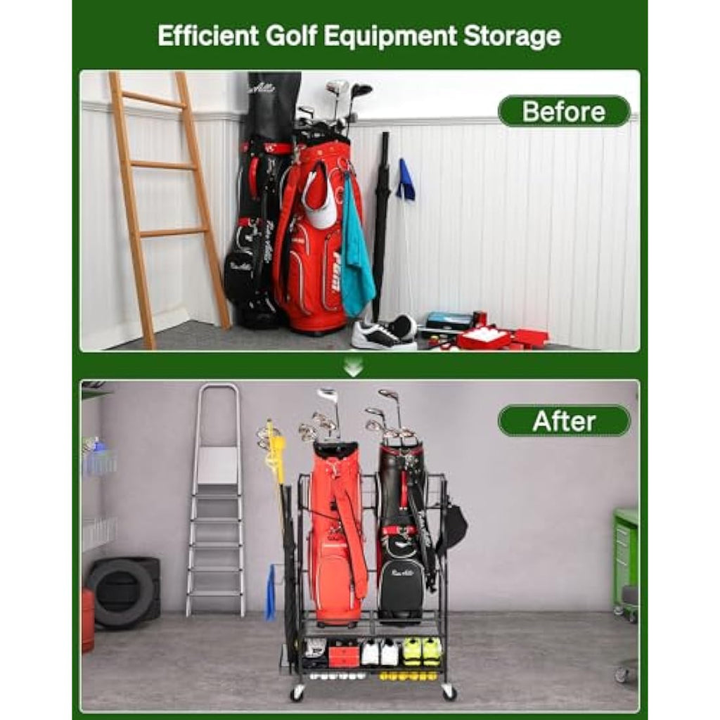 FHXZH Golf Bag Storage Rack – Extra Large Steel Garage Organizer with Wheels