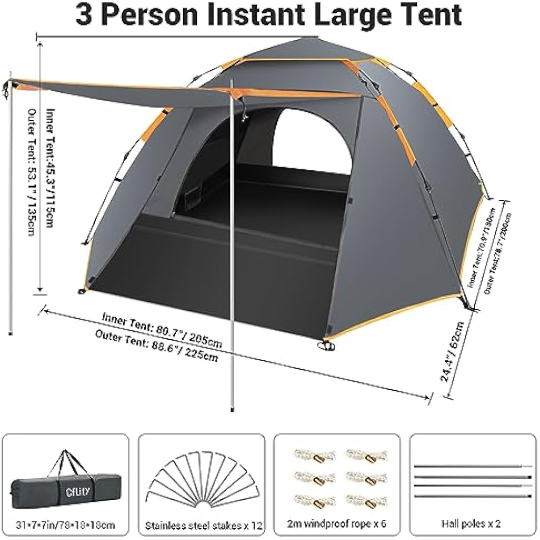 Cflity 3 Person Pop Up Tent – Waterproof 4 Season Instant Camping Shelter