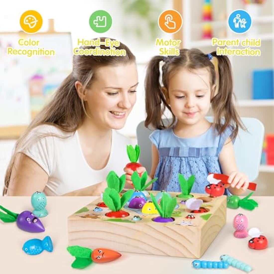 COOLJOY 4-in-1 Wooden Montessori Fishing Game and Carrot Harvest Toy