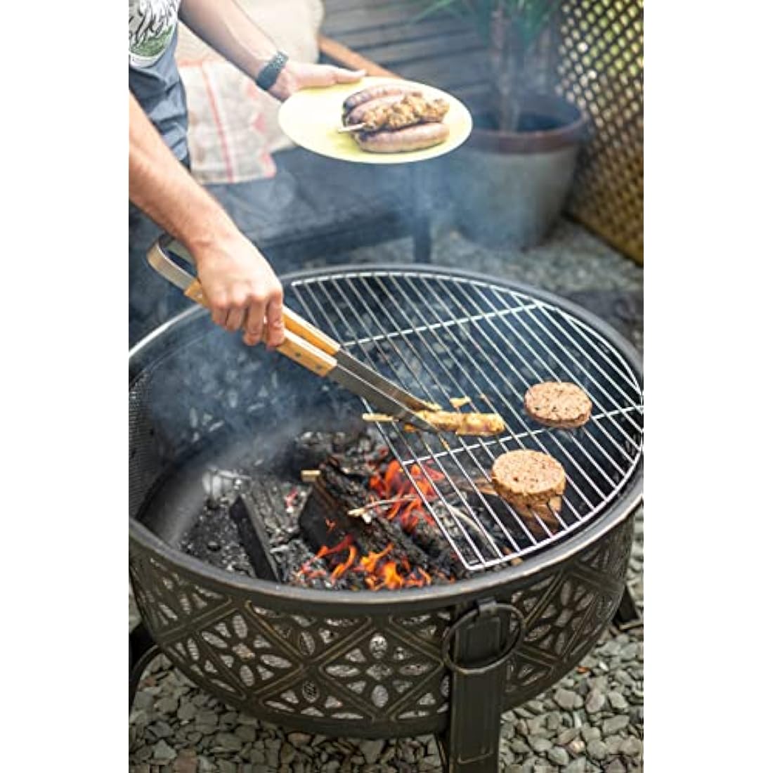 La Hacienda Moresque Deep Steel Firepit with BBQ Grill – Large Bowl