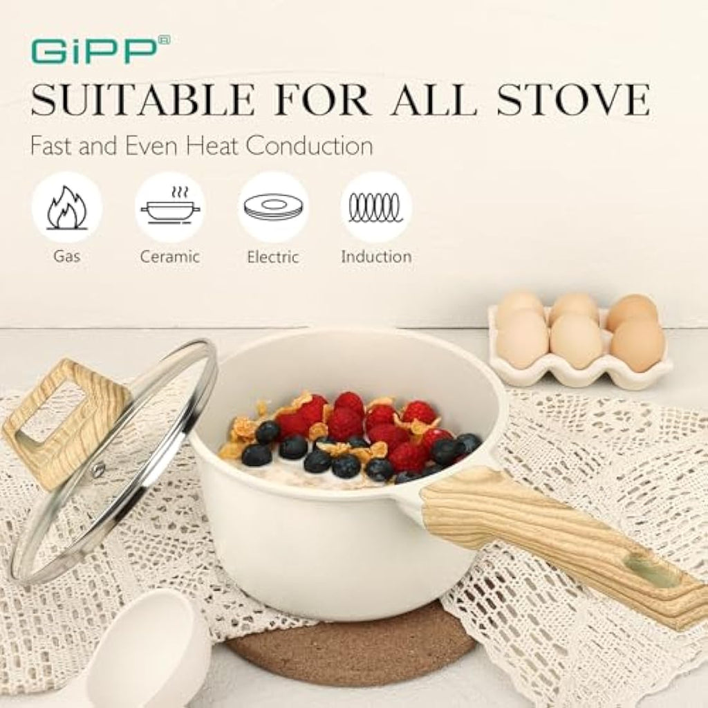 GiPP Nonstick Granite Sauce Pan with Lid – 3.6L Induction Pot, White