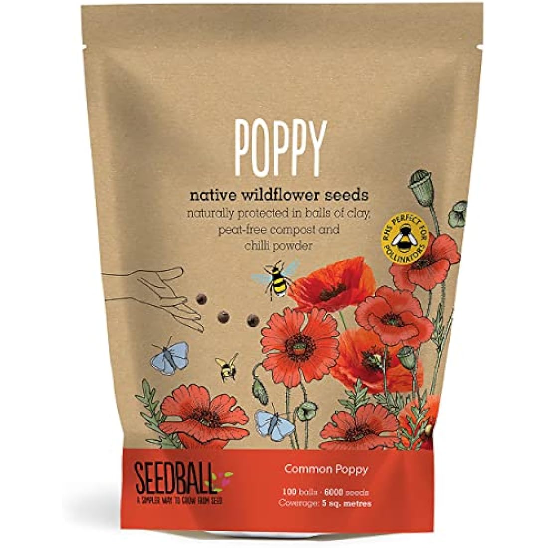 Seedball Red Poppy Seed Bombs – 100 Pack Peat-Free Wildflower Seeds