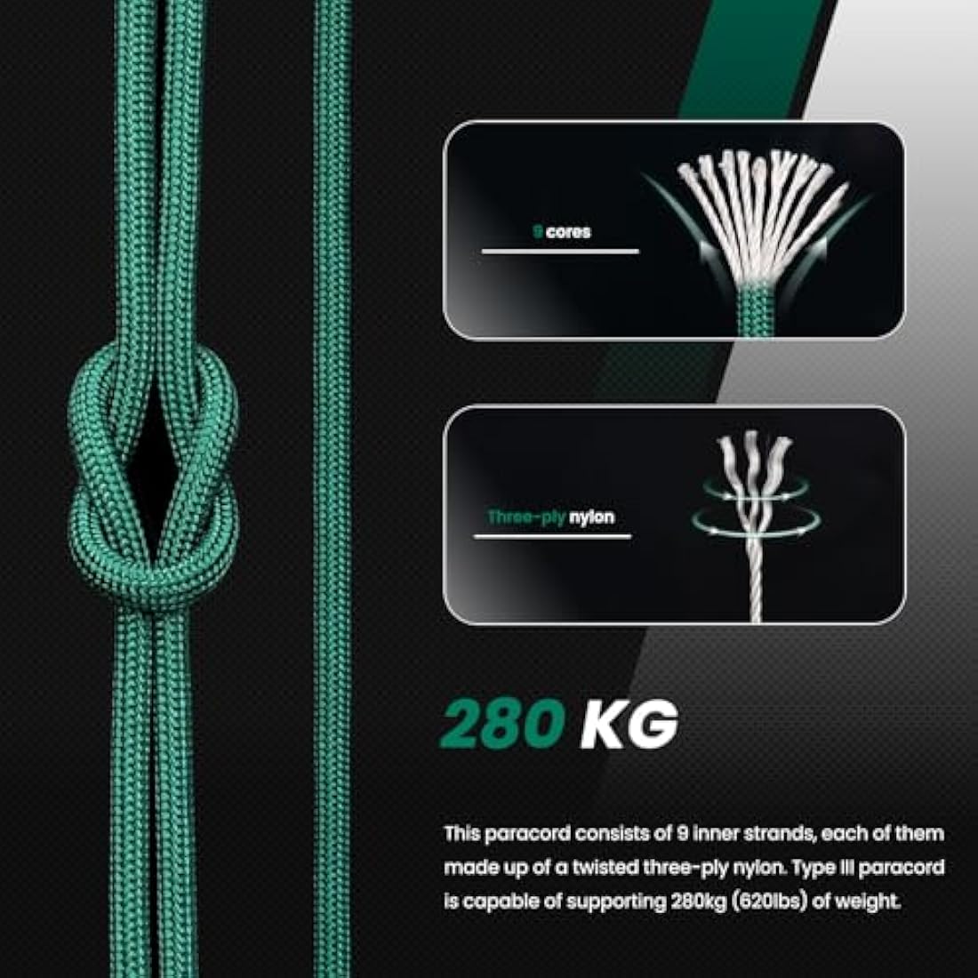 Abma Cord 4mm Nylon Paracord – 100m Type III 9-Strand Rope, Dark Green