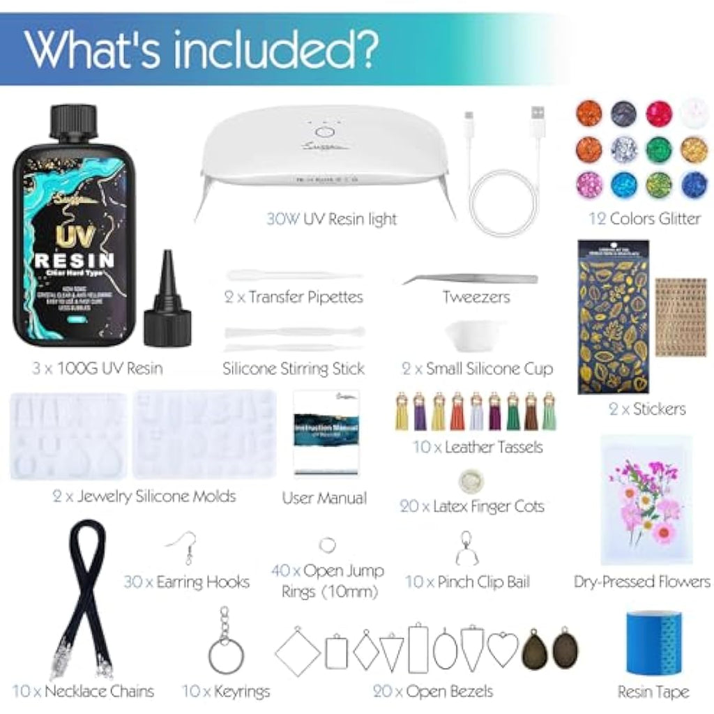 Suzzam UV Resin Kit with 30W Lamp - 300g Crystal Clear Jewelry Making Set