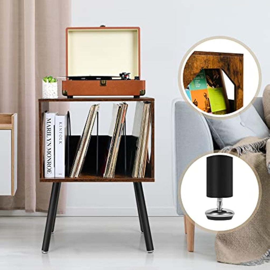 ikkle Rustic Record Player Stand – Wood Vinyl Storage Cabinet with Metal Legs