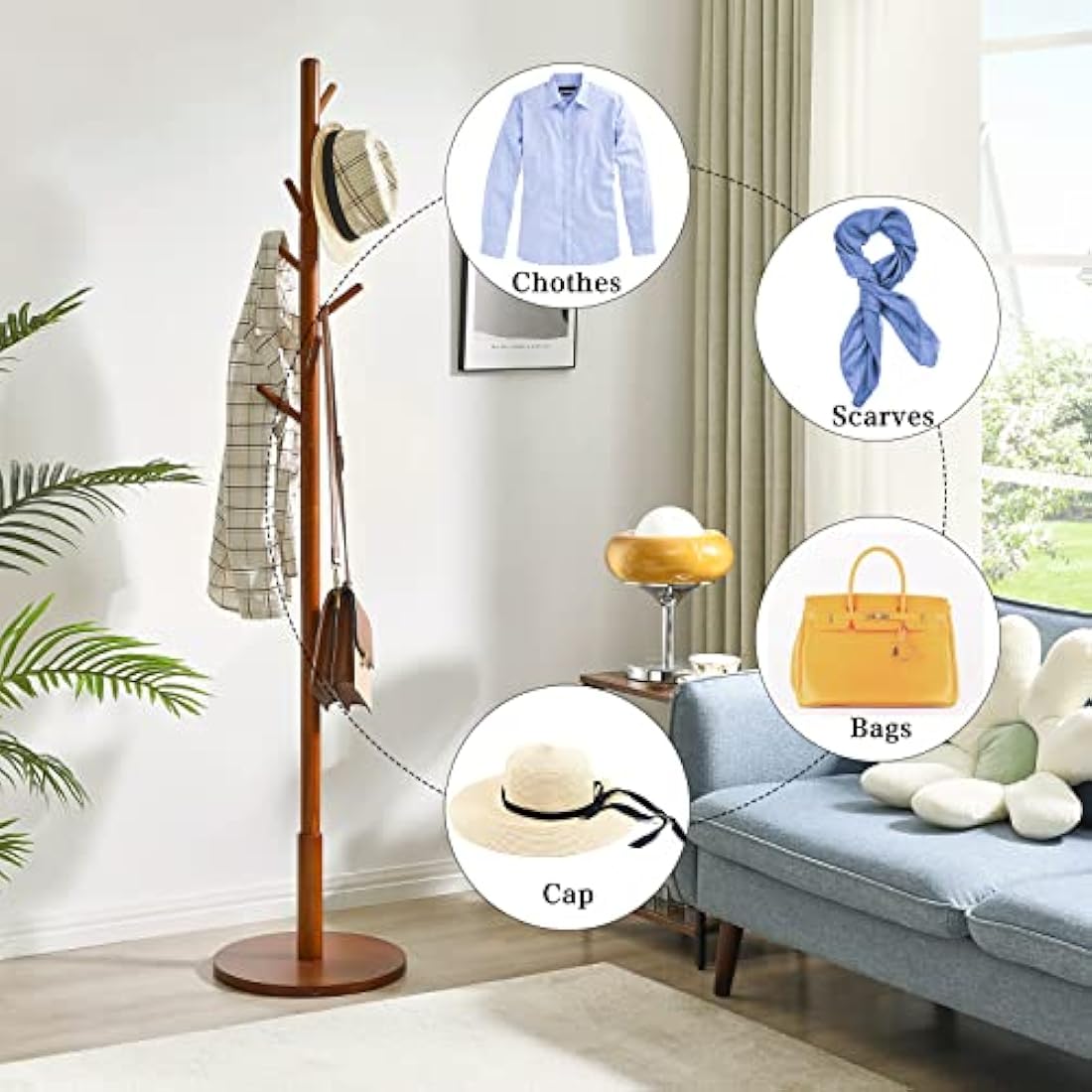 Hall Coat Tree – 8 Hooks Free Standing Rack, Brown