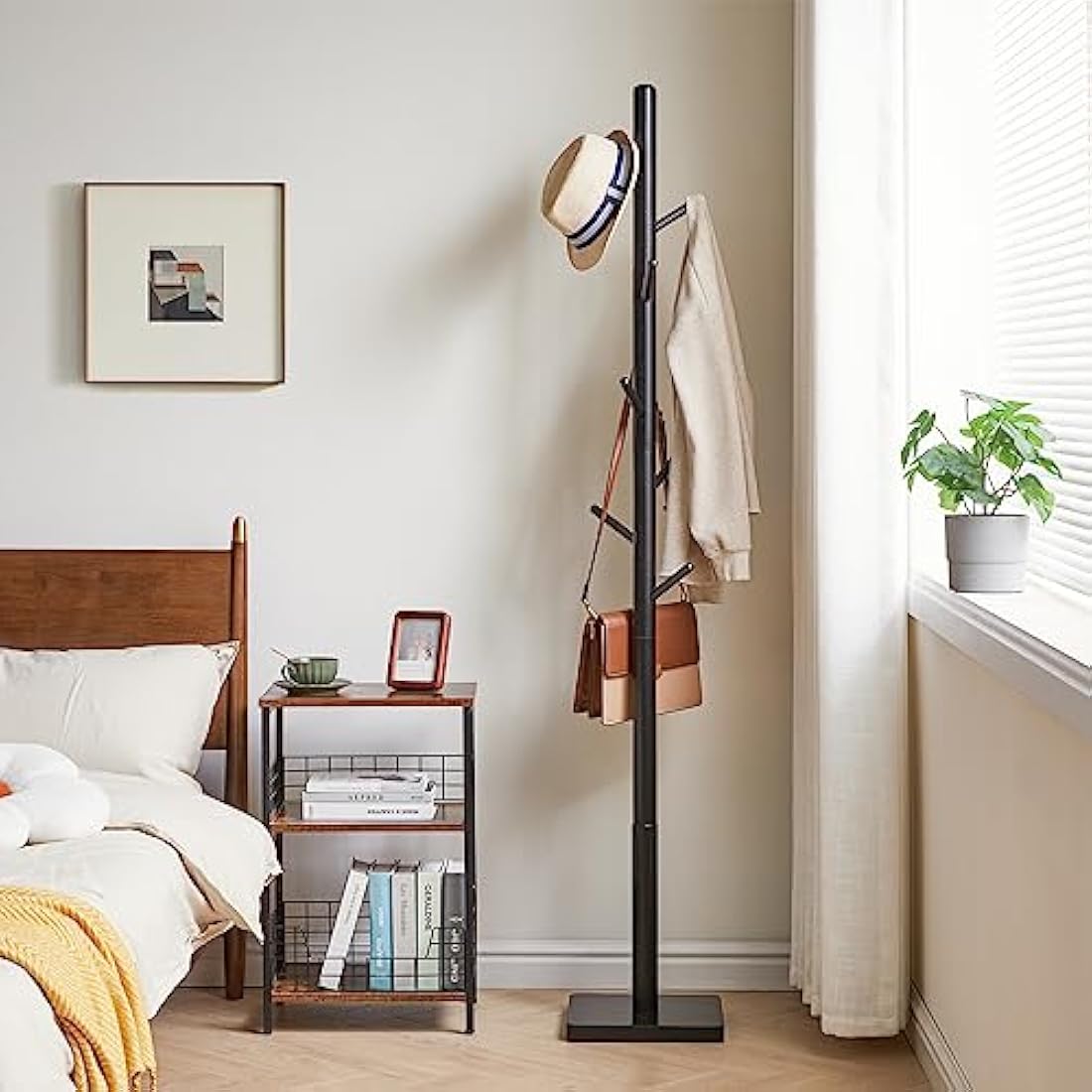 YMYNY Wooden Coat Rack Stand | 8 Hooks Height Adjustable Hall Tree - Black