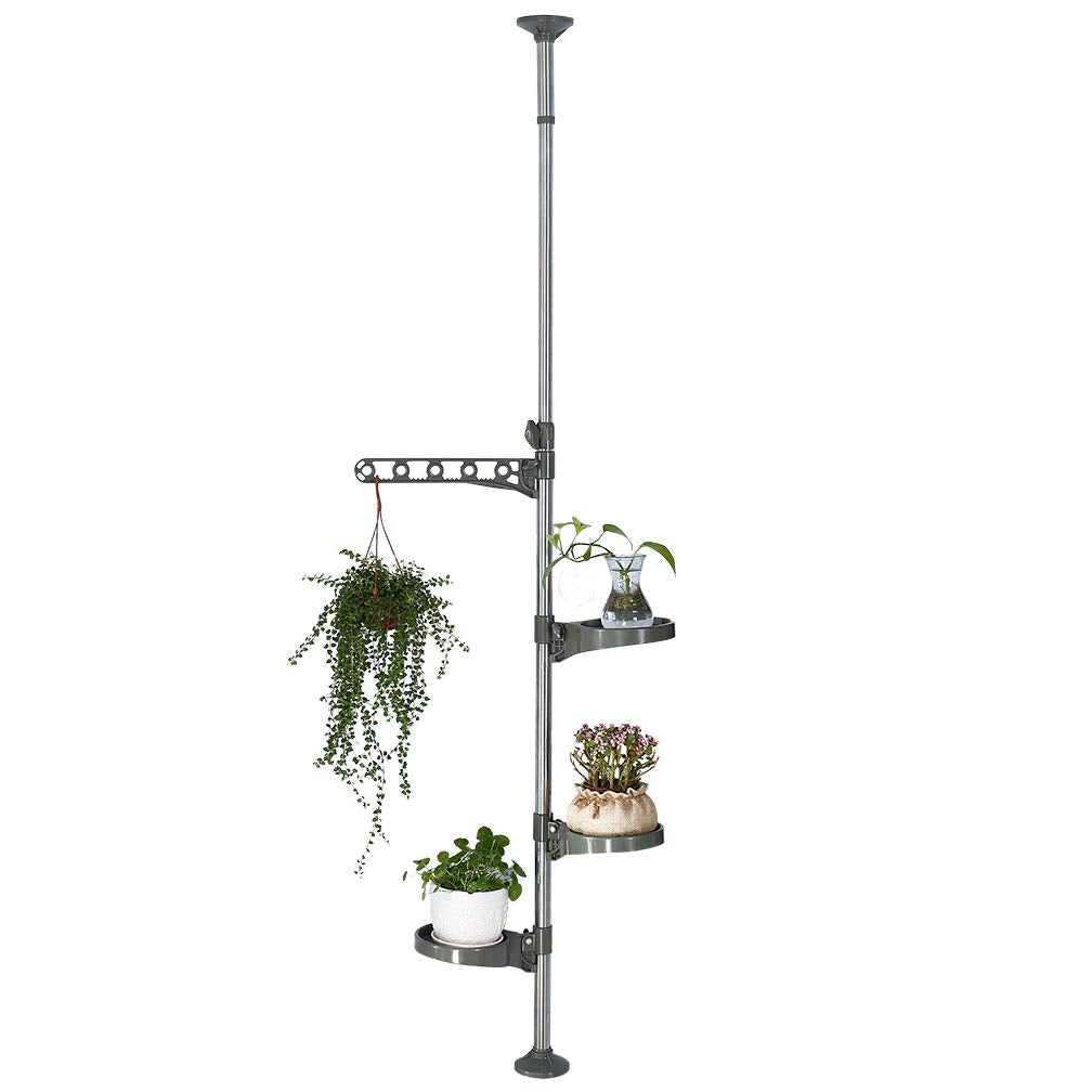 Hershii Tension Rod Plant Stand – Adjustable Corner Shelf with 3 Trays, Grey