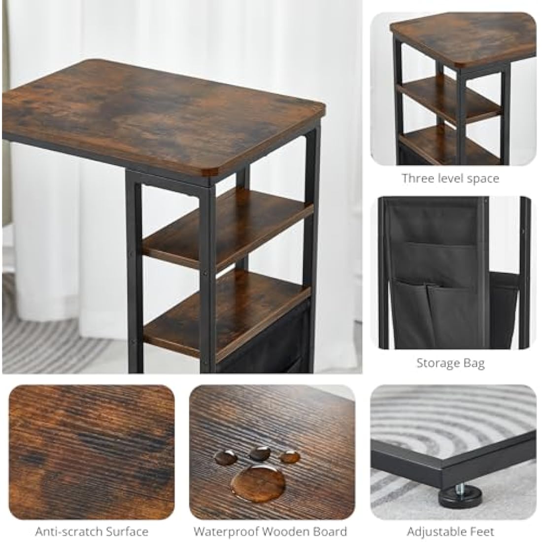 ZEXVIDA C Shaped Side Table – 3-Tier Industrial End Table with Storage