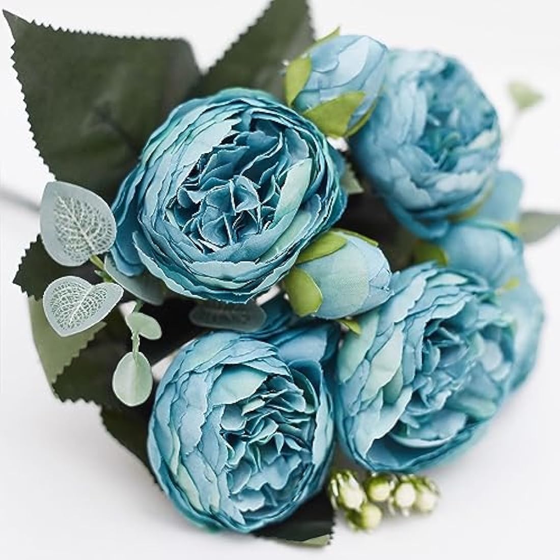Silk Peony and Tea Rose Artificial Bouquet - Blue, 9 Heads
