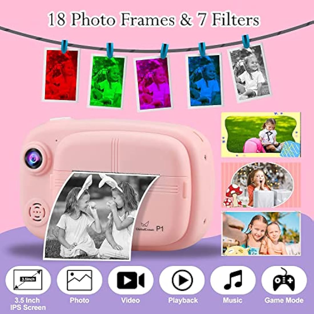 GlobalCrown Kids Instant Print Camera – 3.5" Screen 1080p Digital Video