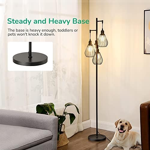 EDISHINE Industrial Dimmable Floor Lamp – 3-Light Metal Cage Standing Lamp