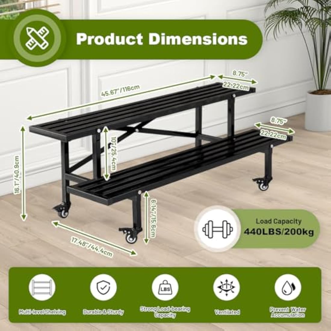 CStern 2-Tier Metal Plant Stand with Wheels – Heavy Duty Flower Shelf
