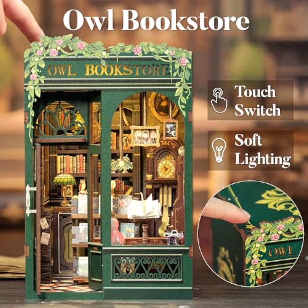 CUTEBEE Owl Bookstore Book Nook Kit - 3D Wooden Miniature DIY Puzzle